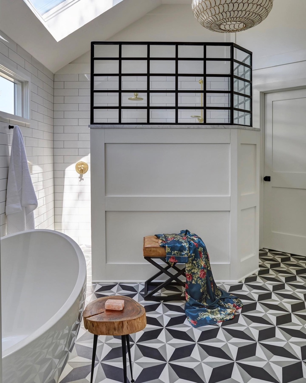 Primary bath / steel-framed glass shower, patterned tile, vaulted ceiling, luxury renovation and interior design by Martire Custom Homes